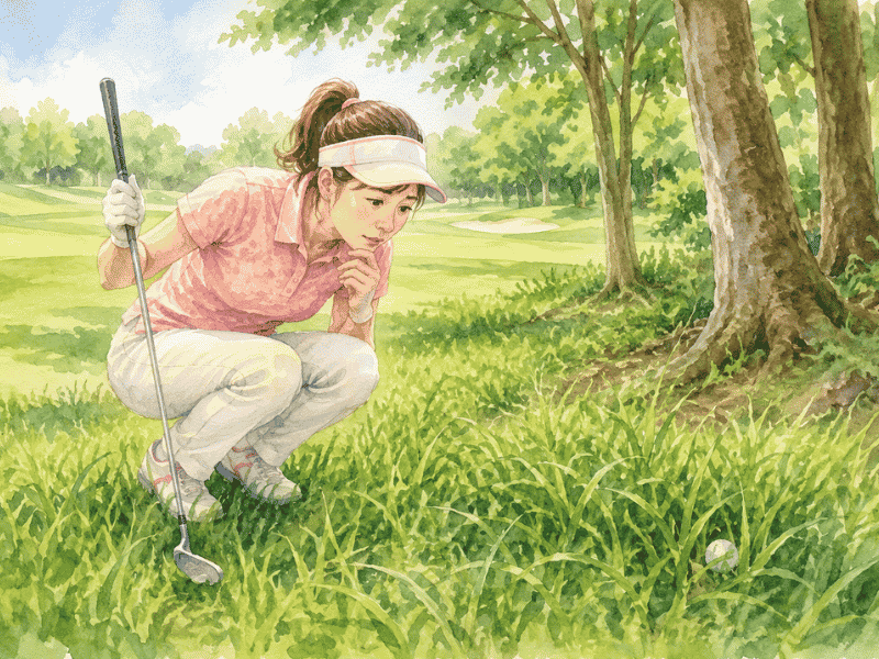 ゴルフ場のラフでボールを探す50代女性のイラスト